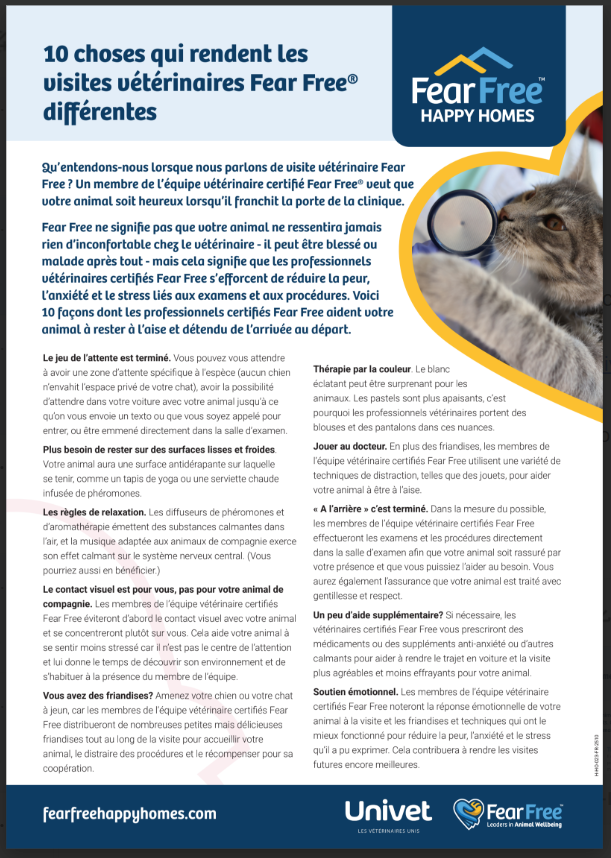 Guide Fear Free présentant le déroulé d’une consultation vétérinaire plus sereine, étape par étape.