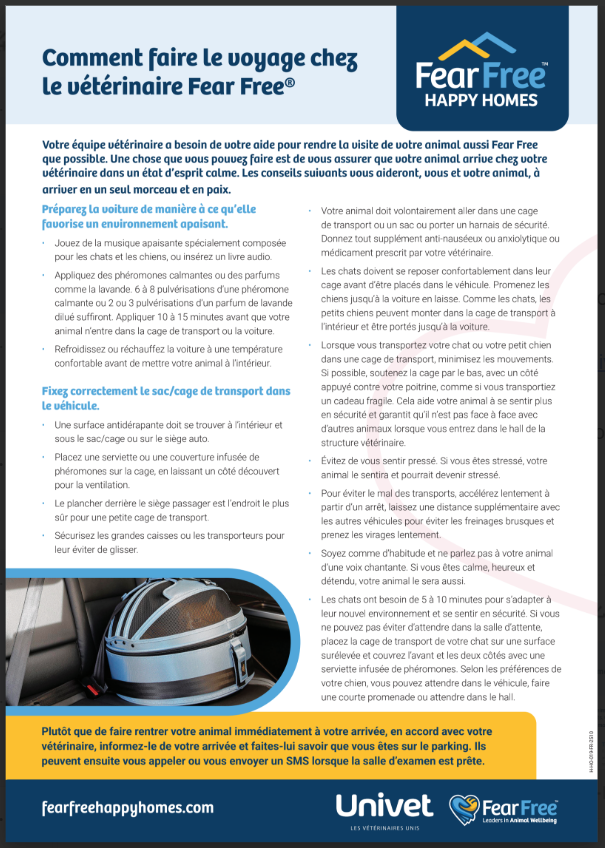 Guide Fear Free expliquant comment préparer le transport aller et retour de son animal afin de limiter le stress et l’anxiété.