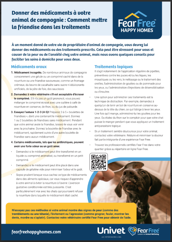 Guide Fear Free avec des conseils pratiques pour faciliter la prise de médicaments chez le chien ou le chat.