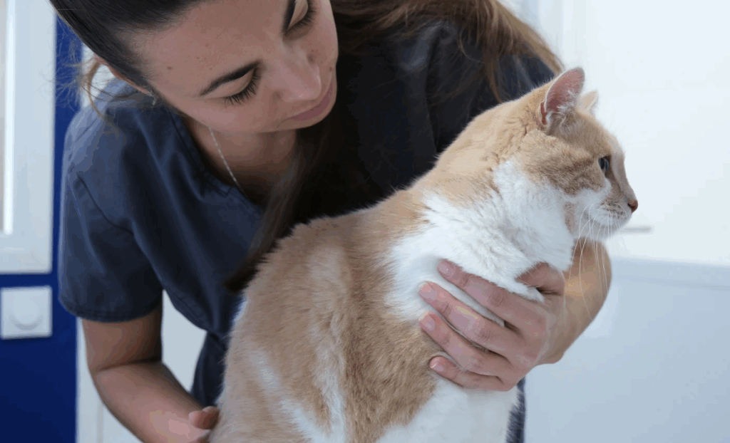 Vétérinaire manipulant un chat avec douceur en consultation, dans le respect de son rythme et de ses émotions.