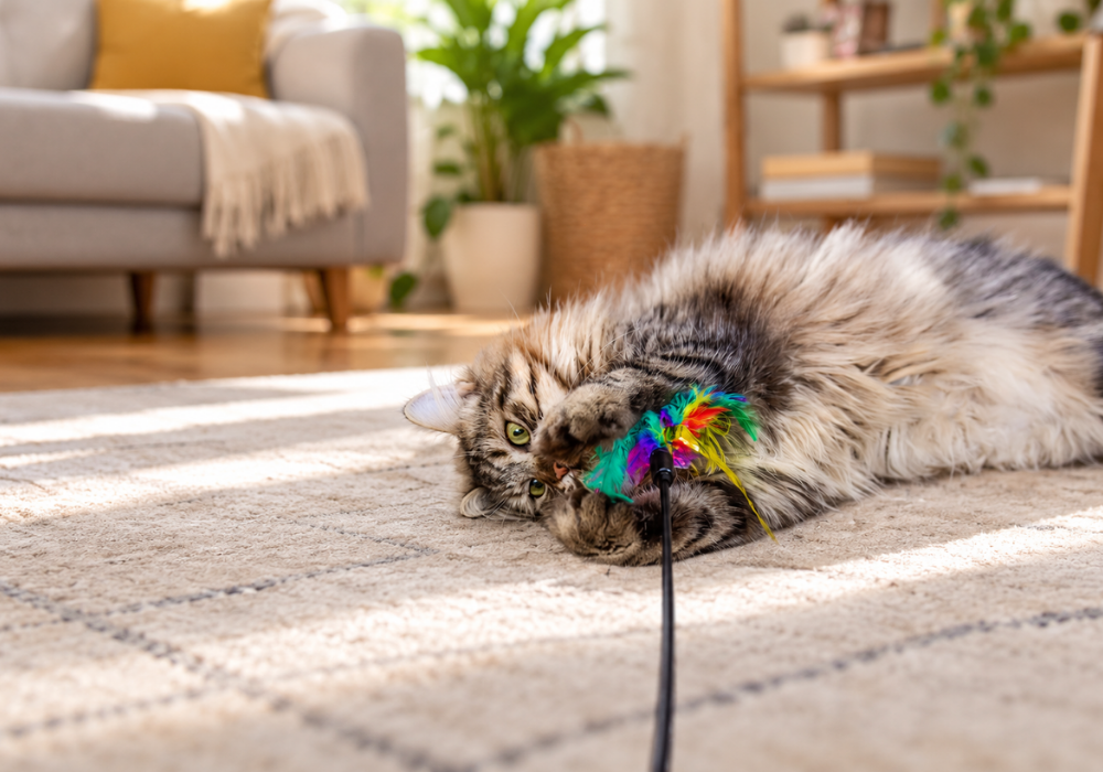 Chat allongé jouant avec un jouet